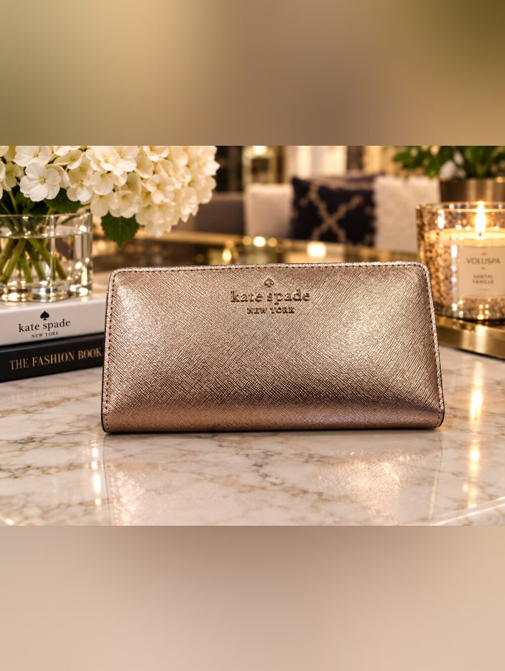 kate spade Metallic Rose Gold Saffiano Leather Zip Wallet